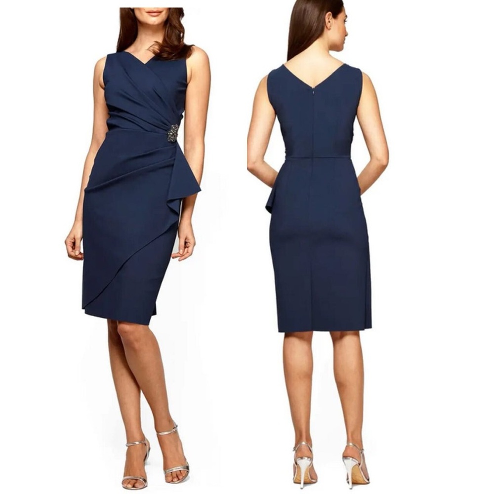 Alex Evenings Asymmetrical Navy Dress with Embellished Brooch